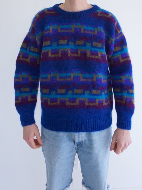 Other - Handmade Nepal Blue Purple Geometric Fuzzy Wool Nordic Knit Sweater Nordic L